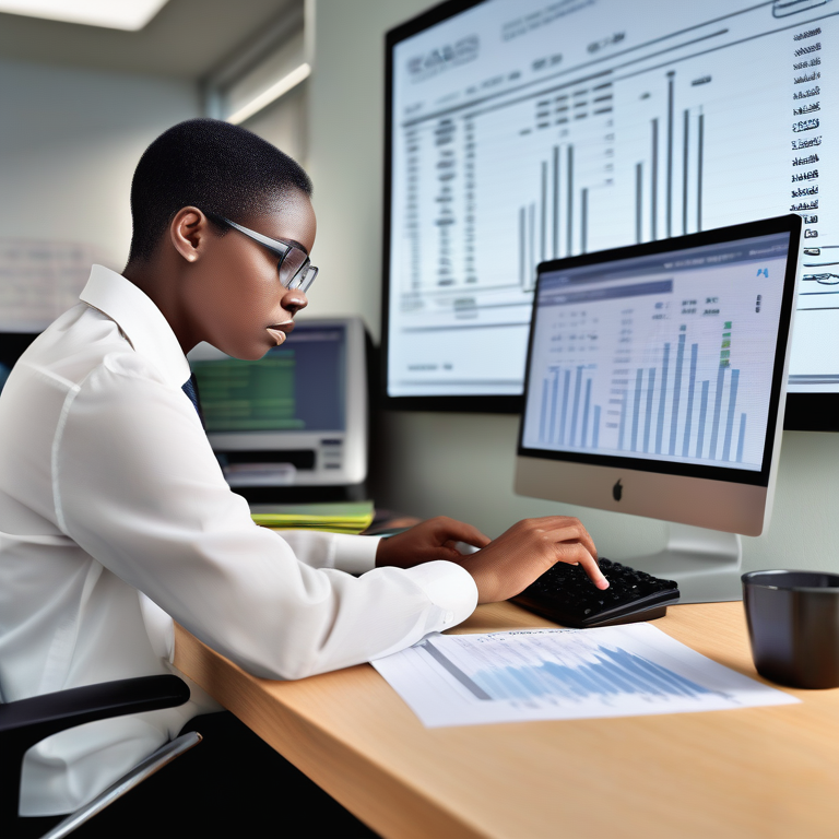 A person intently examining a screen with status icons and graphs amid a desk with papers and a time-indicating clock.