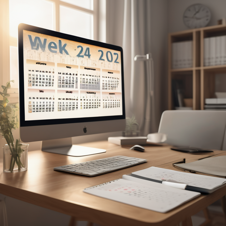 Highlighted week on a 2024 calendar on a home office desk with morning light, a computer showing SASSA's website, and a coffee cup.